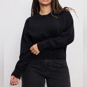 Good American Crystal Crew Neck Drop Shoulder Sweater in Black NWOT Size Large